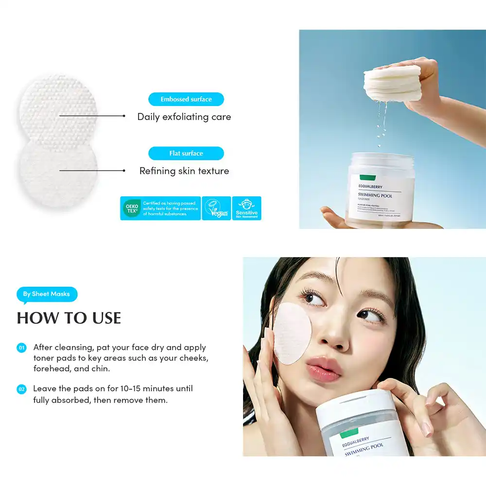 پد تونر آبرسان و تسکین‌دهنده اکوال بری EQQUALBERRY Swimming Pool Toner Pads کره‌ای دو طرفه با کمپلکس Hyal 8 و سیکا برای پوست حساس