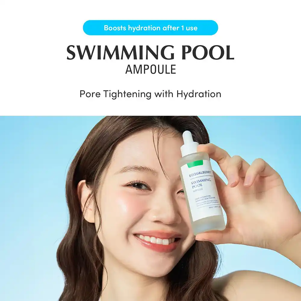 آمپول آبرسان و تسکین‌دهنده اکوال بری EQQUALBERRY Swimming Pool Ampoule کره‌ای وگان با هیالورونیک اسید و فرمول 5 Cica برای پوست حساس