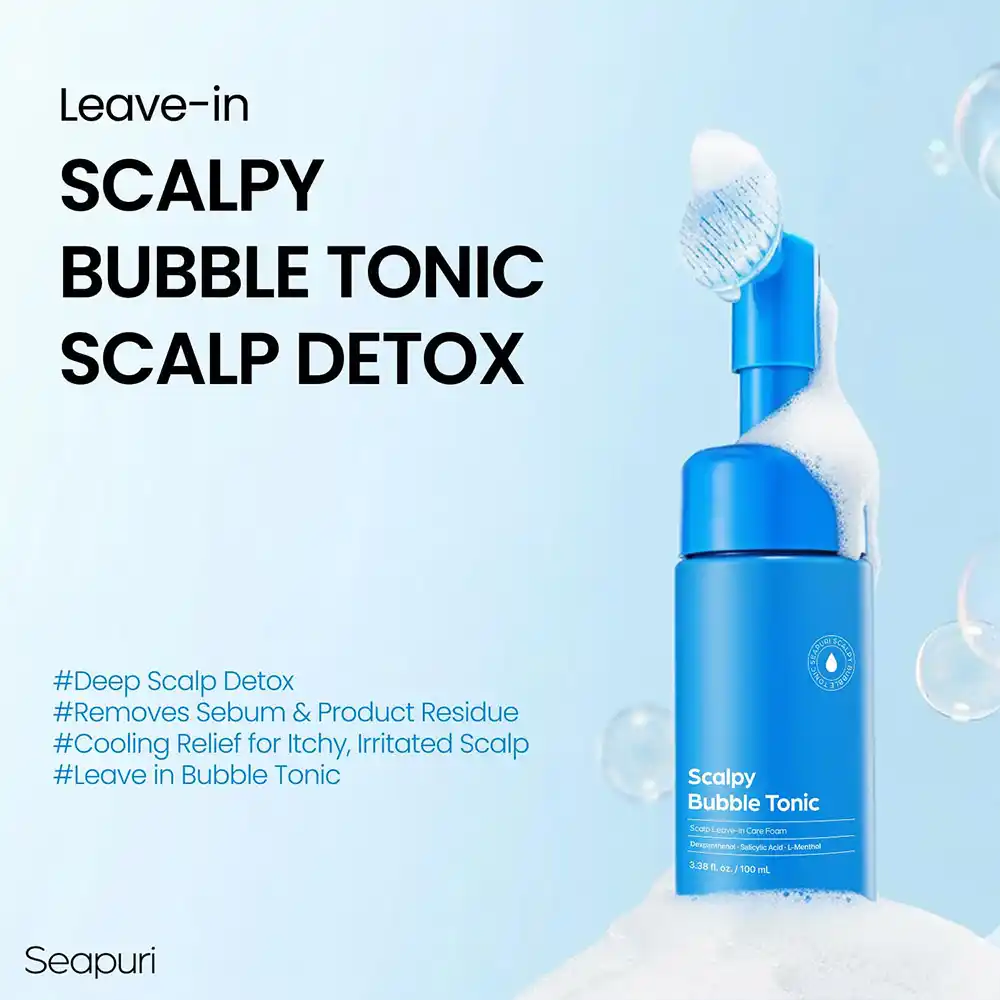 تونیک اسکالپ ضد شوره و خارش سی‌پوری Seapuri Scalpy Bubble Tonic کره‌ای با سالیسیلیک اسید و منتول برای کاهش ریزش مو و تقویت ریشه با برس سیلیکونی