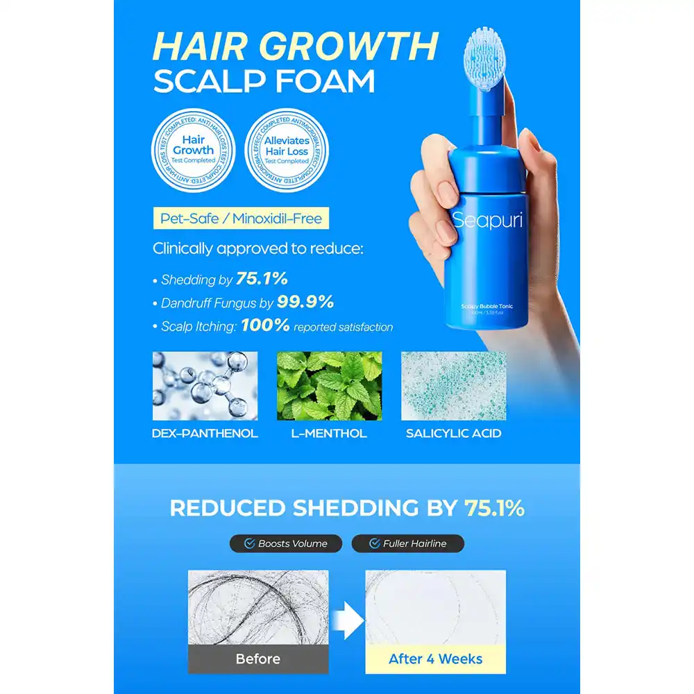 تونیک اسکالپ ضد شوره و خارش سی‌پوری Seapuri Scalpy Bubble Tonic کره‌ای با سالیسیلیک اسید و منتول برای کاهش ریزش مو و تقویت ریشه با برس سیلیکونی