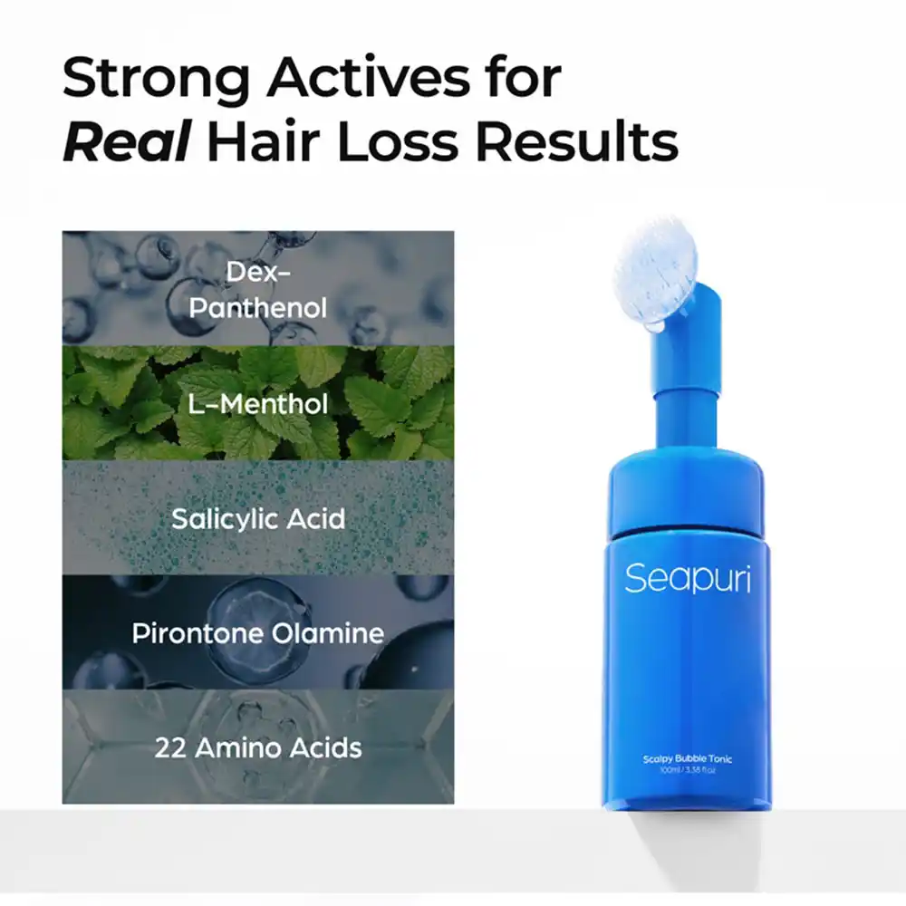 تونیک اسکالپ ضد شوره و خارش سی‌پوری Seapuri Scalpy Bubble Tonic کره‌ای با سالیسیلیک اسید و منتول برای کاهش ریزش مو و تقویت ریشه با برس سیلیکونی