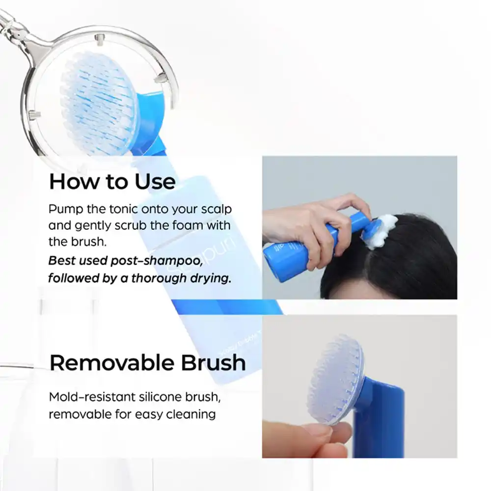 تونیک اسکالپ ضد شوره و خارش سی‌پوری Seapuri Scalpy Bubble Tonic کره‌ای با سالیسیلیک اسید و منتول برای کاهش ریزش مو و تقویت ریشه با برس سیلیکونی