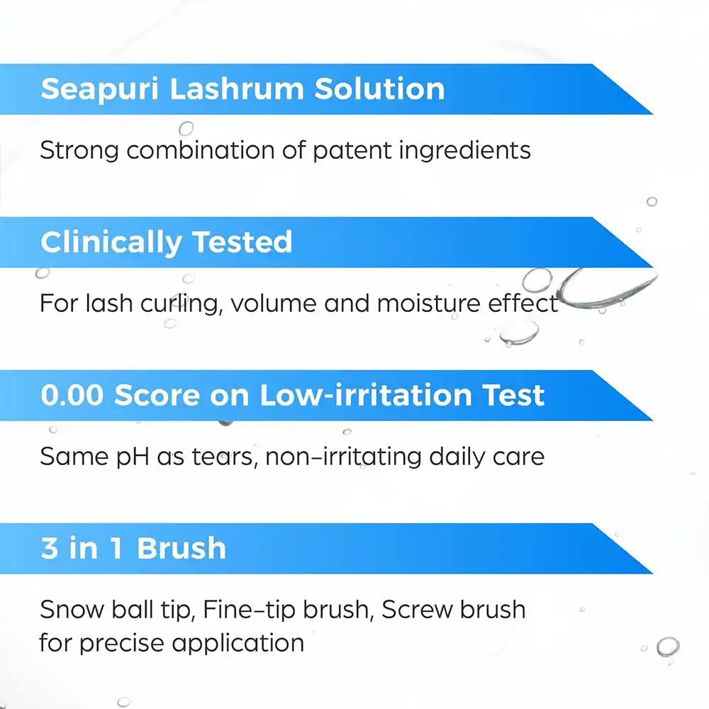 سرم تقویت مژه سی‌پوری Seapuri Lashrum Eyelash Enhancing Serum کره‌ای با کافئین، پپتید و بیوتین و برس دوکاره برای رشد و تقویت مژه