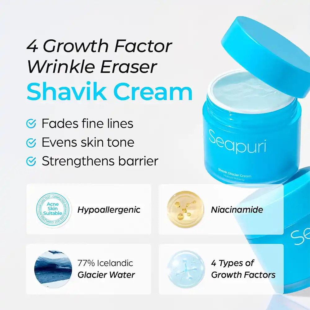 کرم مرطوب‌کننده و ضدچروک سی‌پوری Seapuri Shavik Glacier Cream کره‌ای حاوی ۷۷٪ آب یخچال‌های طبیعی ایسلند، ۵ نوع هیالورونیک اسید و نیاسینامید برای آبرسانی و جوانسازی پوست حساس