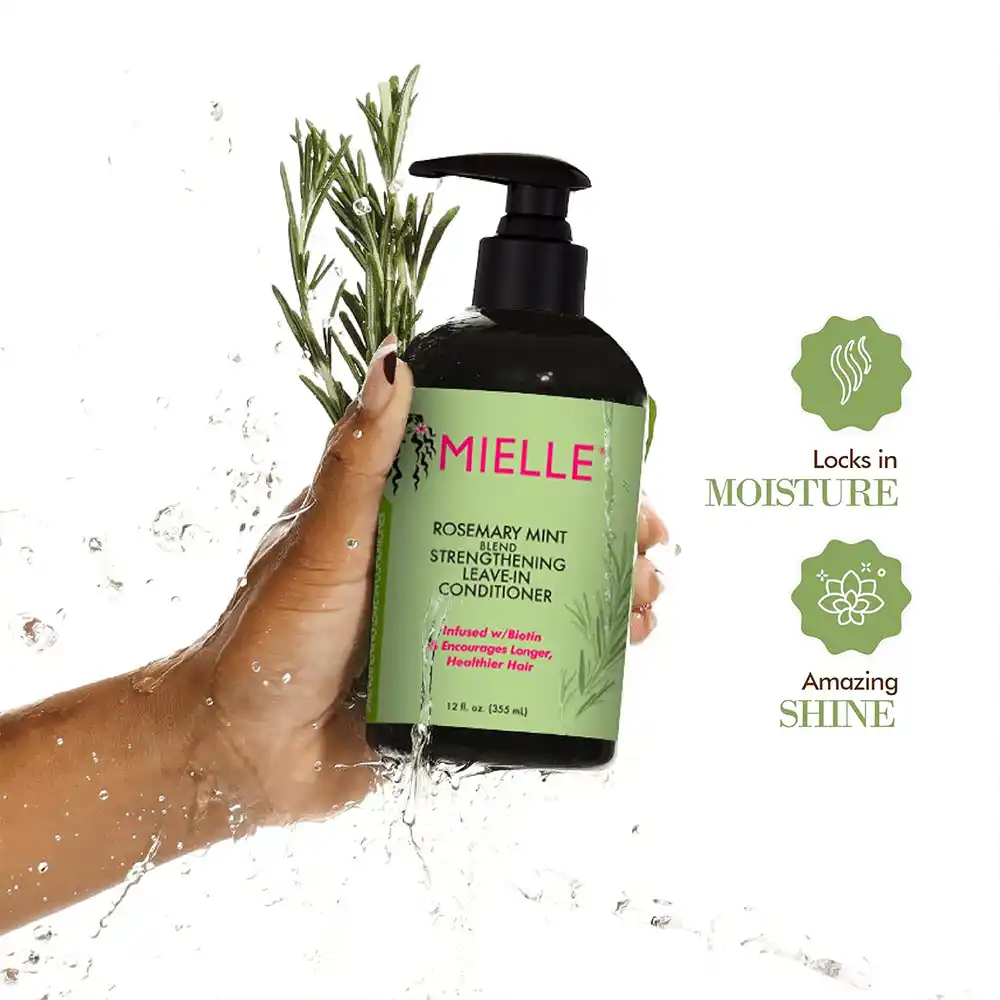 نرم‌کننده ضد ریزش و تقویت‌کننده لیو این نعناع و رزماری میله ارگانیک Mielle Organics Rosemary Mint Strengthening Leave In Conditioner حاوی بیوتین و روغن آووکادو برای موهای فر و خشک