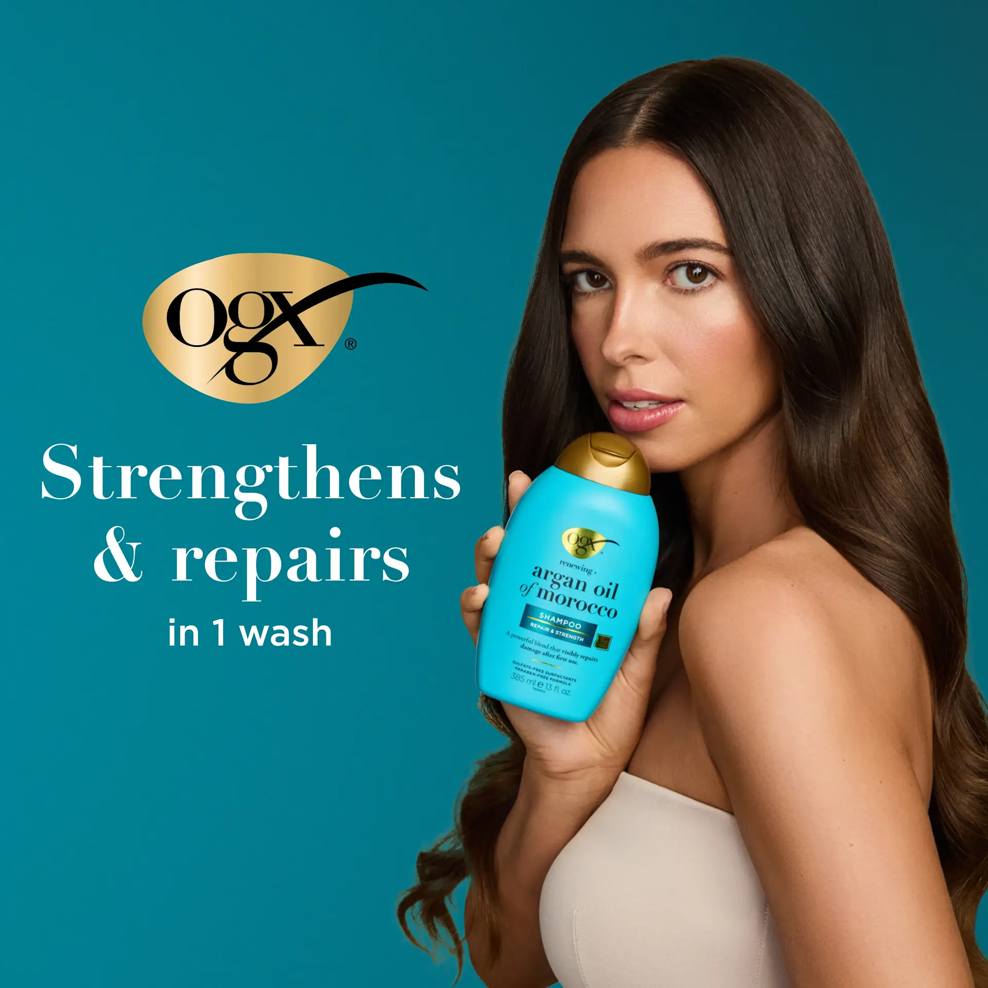 شامپو روغن آرگان مراکشی بدون سولفات او جی ایکس OGX Renewing Argan Oil of Morocco Shampoo برای ترمیم و تقویت موهای خشک و آسیب‌دیده با فناوری LipiPro Shield