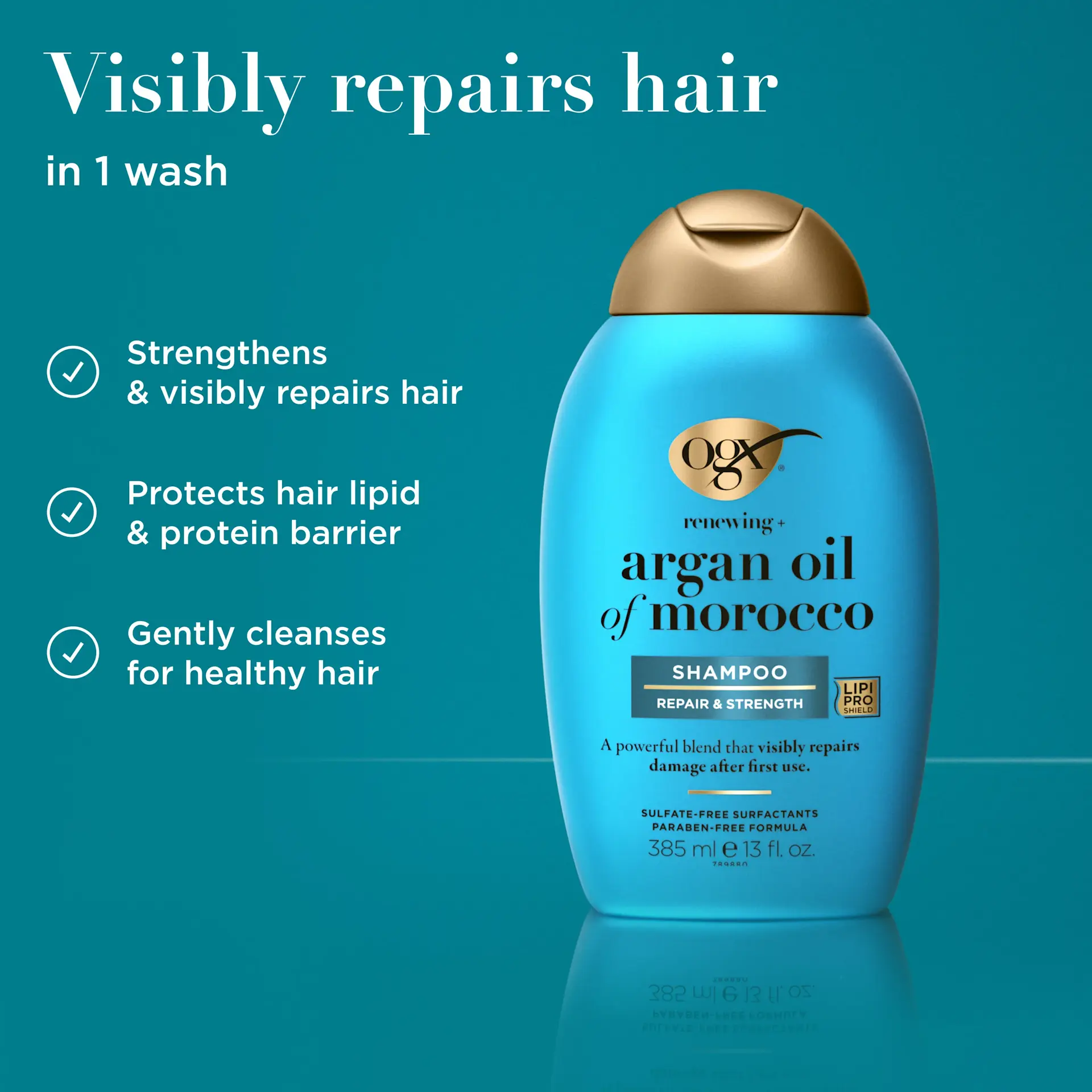 شامپو روغن آرگان مراکشی بدون سولفات او جی ایکس OGX Renewing Argan Oil of Morocco Shampoo برای ترمیم و تقویت موهای خشک و آسیب‌دیده با فناوری LipiPro Shield