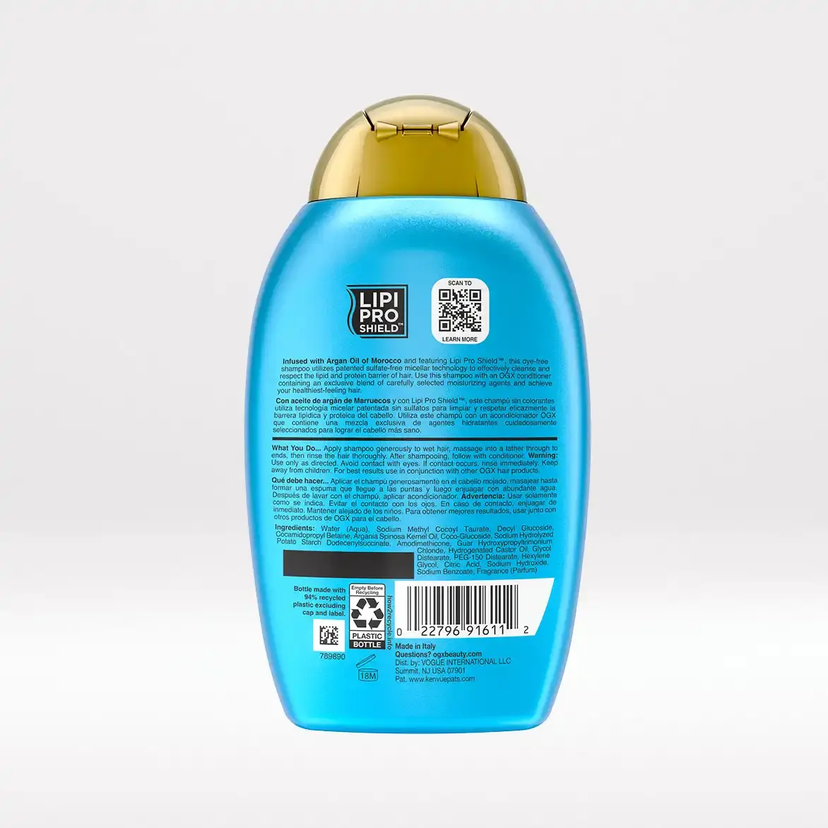 شامپو روغن آرگان مراکشی بدون سولفات او جی ایکس OGX Renewing Argan Oil of Morocco Shampoo برای ترمیم و تقویت موهای خشک و آسیب‌دیده با فناوری LipiPro Shield