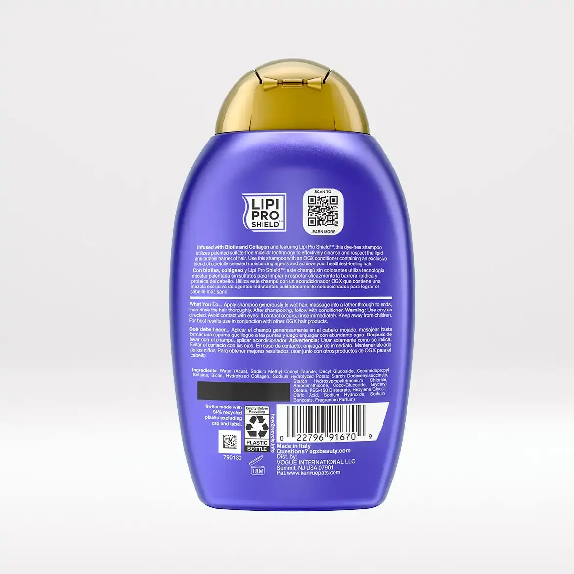 شامپو ضخیم‌کننده و حجم‌دهنده بیوتین و کلاژن او جی ایکس OGX Thick and Full Biotin and Collagen Volumizing Shampoo برای تقویت و افزایش حجم موهای نازک و کم‌پشت با فناوری LipiPro Shield بدون سولفات
