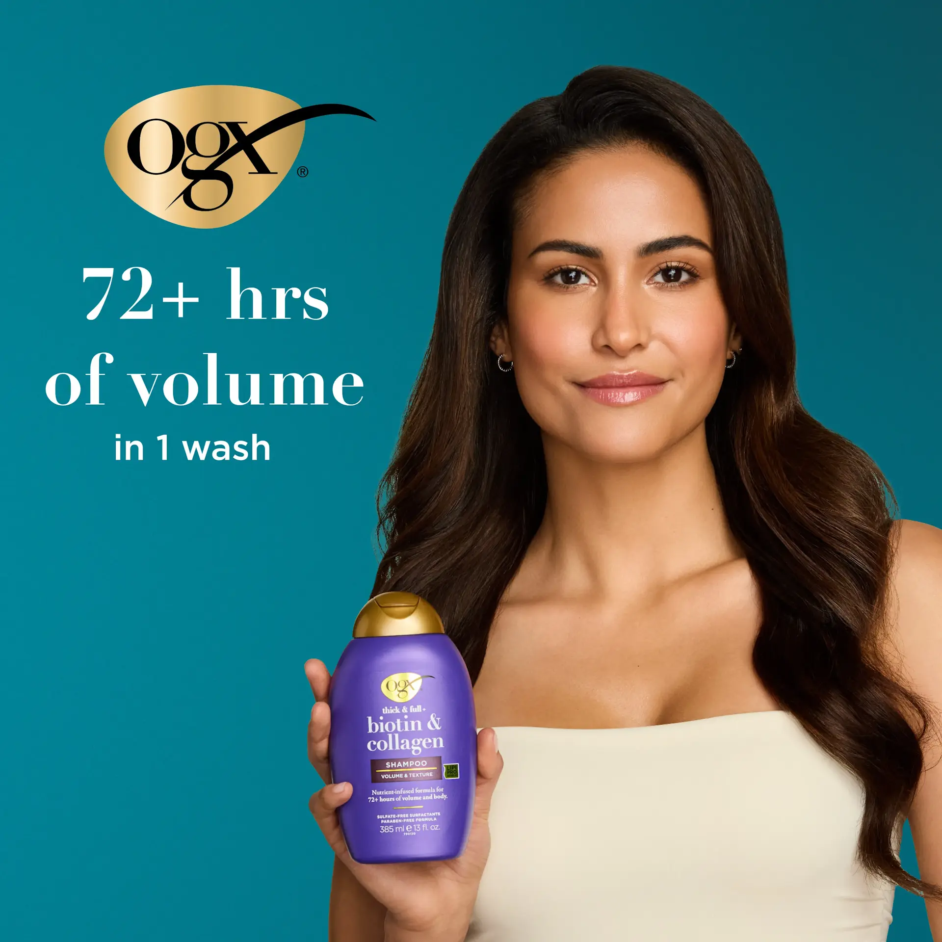 شامپو ضخیم‌کننده و حجم‌دهنده بیوتین و کلاژن او جی ایکس OGX Thick and Full Biotin and Collagen Volumizing Shampoo برای تقویت و افزایش حجم موهای نازک و کم‌پشت با فناوری LipiPro Shield بدون سولفات