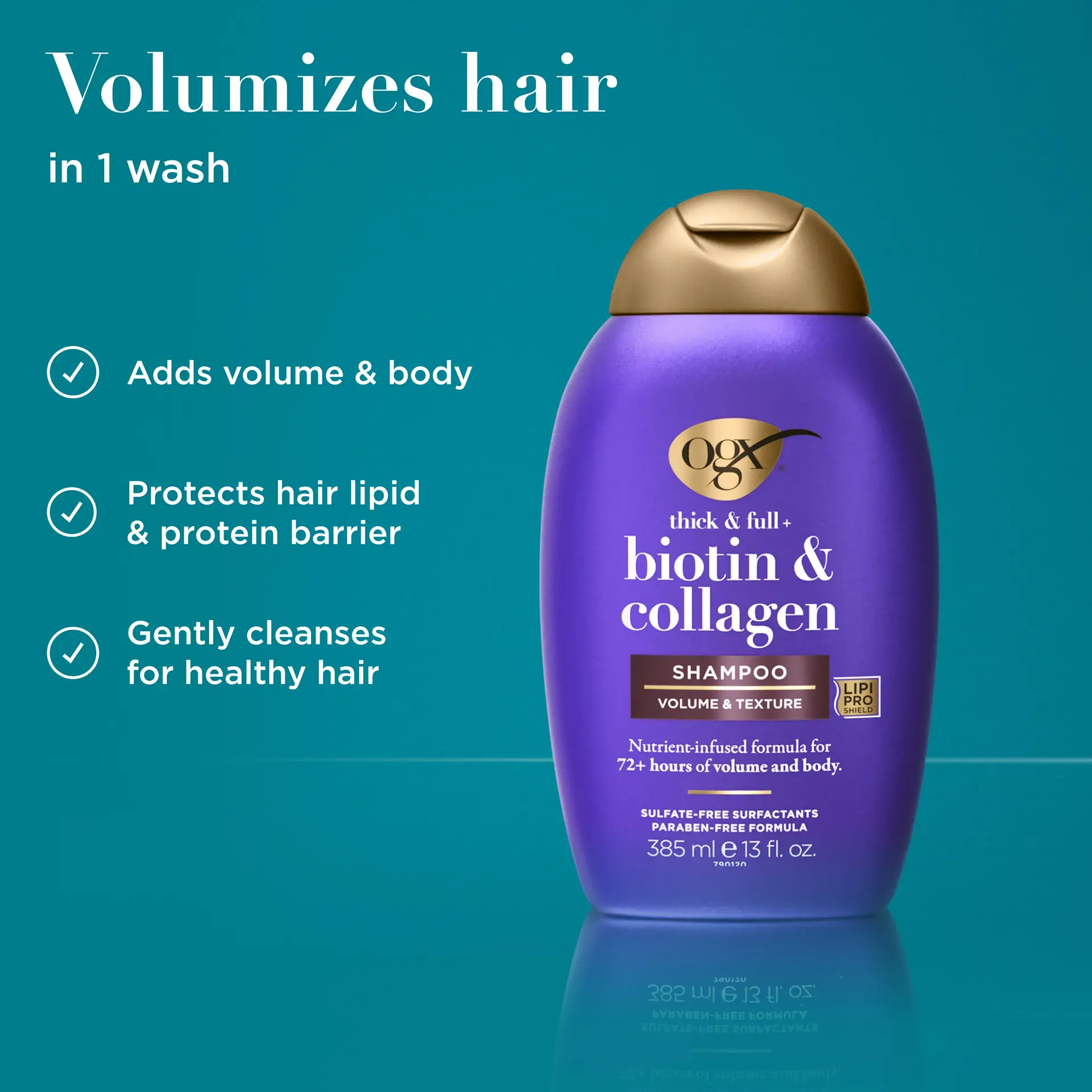 شامپو ضخیم‌کننده و حجم‌دهنده بیوتین و کلاژن او جی ایکس OGX Thick and Full Biotin and Collagen Volumizing Shampoo برای تقویت و افزایش حجم موهای نازک و کم‌پشت با فناوری LipiPro Shield بدون سولفات