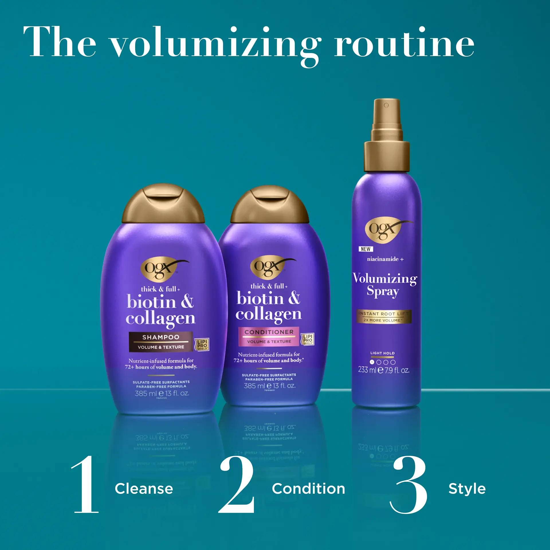 شامپو ضخیم‌کننده و حجم‌دهنده بیوتین و کلاژن او جی ایکس OGX Thick and Full Biotin and Collagen Volumizing Shampoo برای تقویت و افزایش حجم موهای نازک و کم‌پشت با فناوری LipiPro Shield بدون سولفات