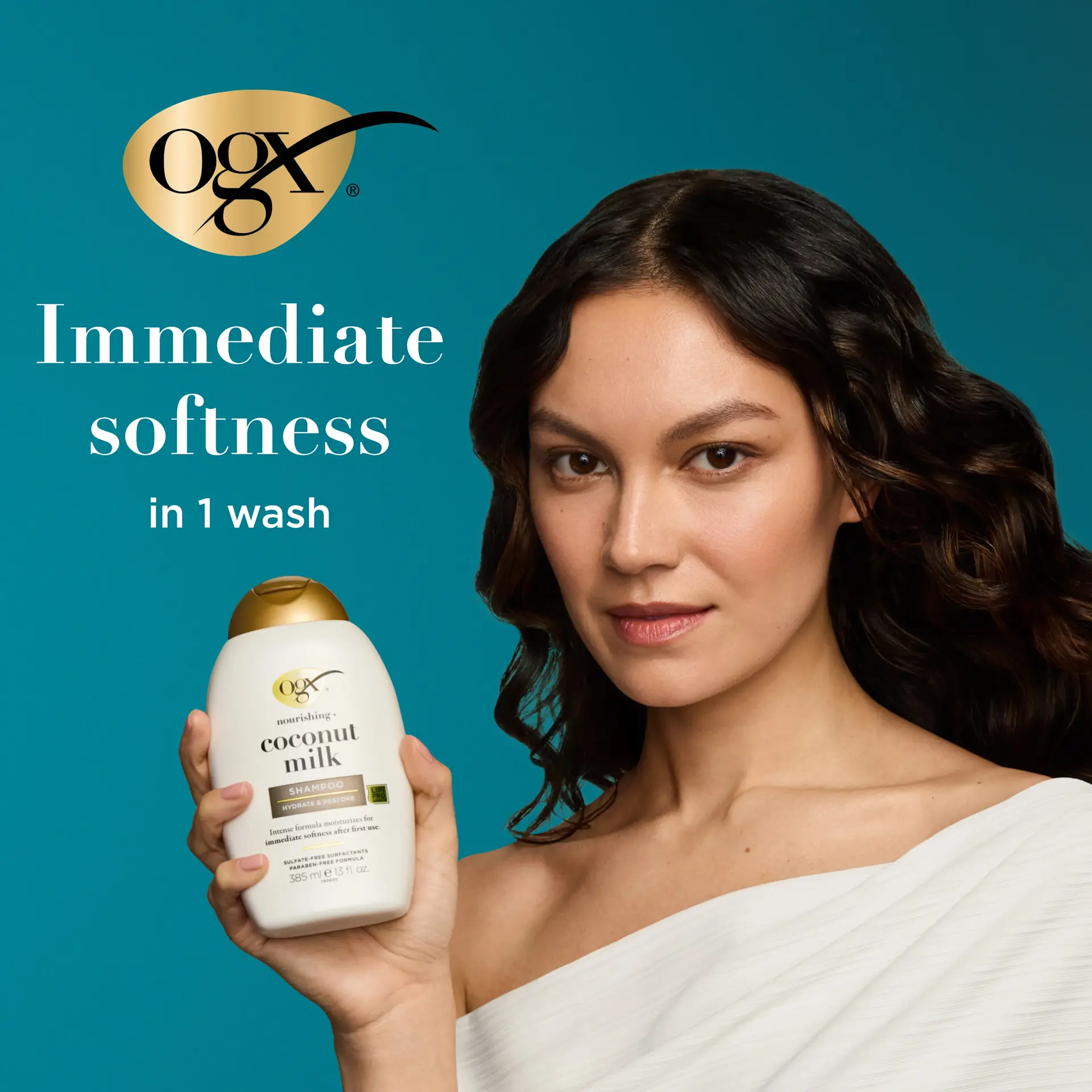 شامپو مغذی شیر نارگیل بدون سولفات او جی ایکس OGX Nourishing Coconut Milk Shampoo برای آبرسانی و ترمیم موهای خشک آسیب‌دیده با فناوری LipiPro Shield