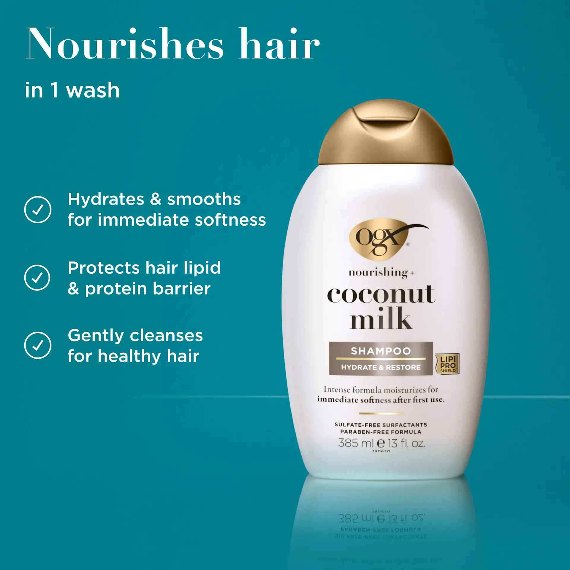 شامپو مغذی شیر نارگیل بدون سولفات او جی ایکس OGX Nourishing Coconut Milk Shampoo برای آبرسانی و ترمیم موهای خشک آسیب‌دیده با فناوری LipiPro Shield