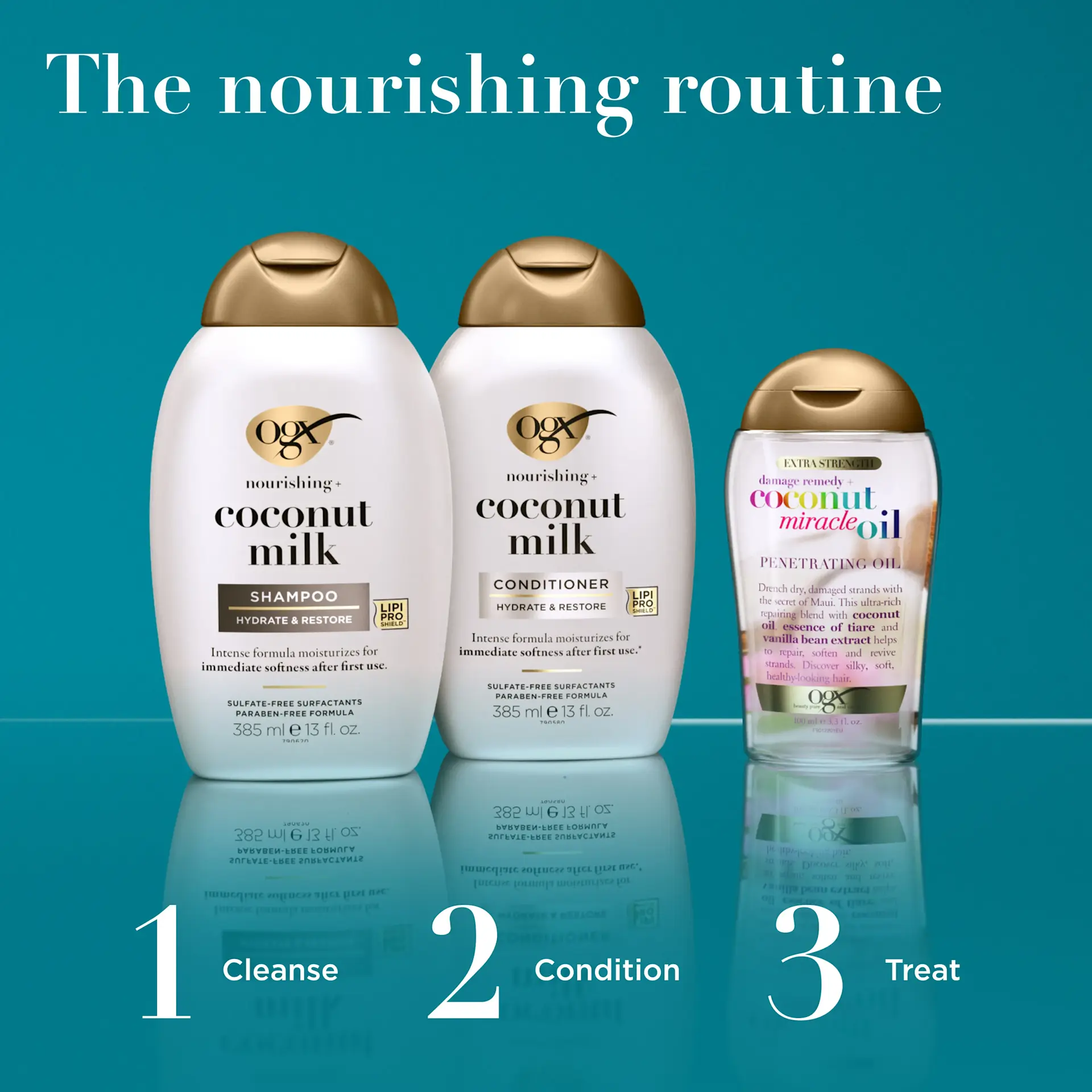 شامپو مغذی شیر نارگیل بدون سولفات او جی ایکس OGX Nourishing Coconut Milk Shampoo برای آبرسانی و ترمیم موهای خشک آسیب‌دیده با فناوری LipiPro Shield