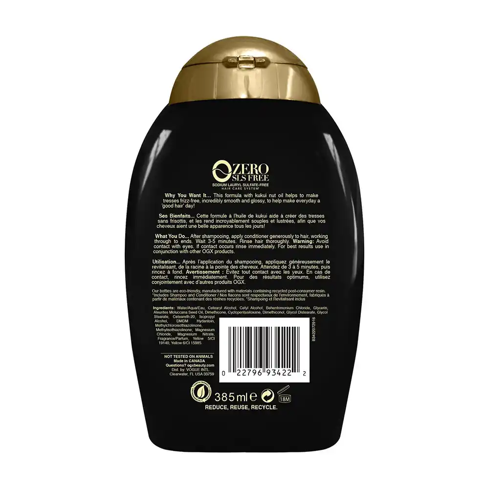 شامپو آبرسان و ضد وز روغن کوکوی او جی ایکس OGX Hydrate and Defrizz Kukui Oil Shampoo با روغن مغز کوکوی هاوایی برای کنترل وز و براقی موهای ضخیم فر بدون سولفات