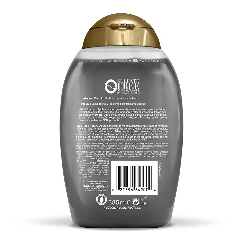 شامپو پاک‌کننده و دتاکس زغال اکتیو او جی ایکس OGX Purifying Charcoal Detox Shampoo با زغال نارگیل و خاک رس کائولن برای حذف رسوبات محصولات استایلینگ و آلودگی بدون سولفات