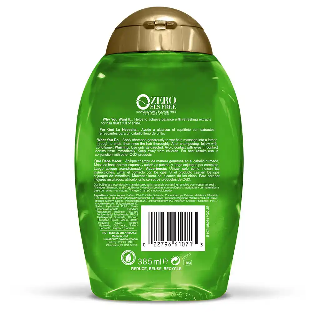 شامپو شاداب‌کننده درخت چای و نعناع او جی ایکس OGX Refreshing Scalp Teatree Mint Shampoo با روغن درخت چای، نعناع و هاماملیس برای پاکسازی عمیق و تقویت پوست سر بدون سولفات