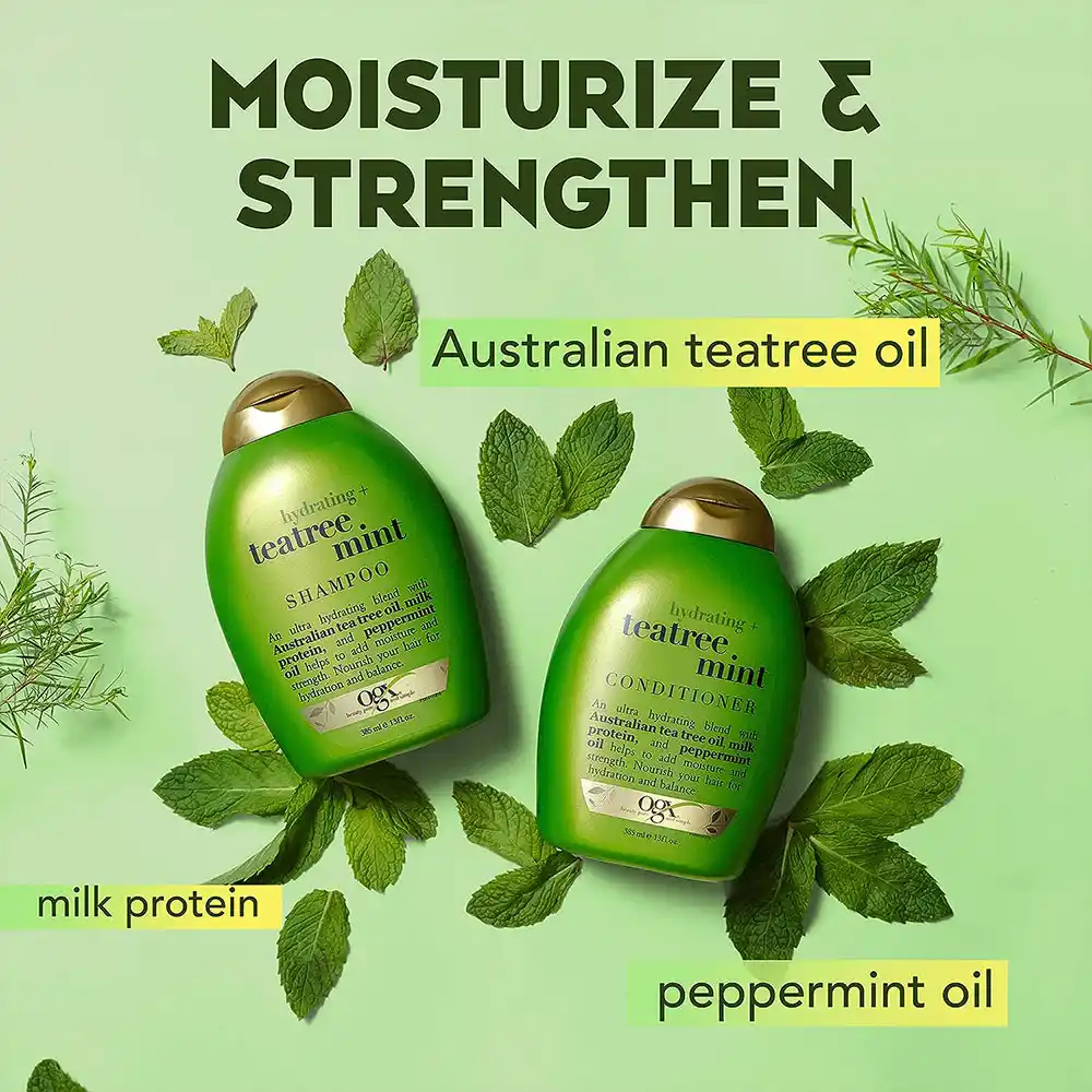 شامپو شاداب‌کننده درخت چای و نعناع او جی ایکس OGX Refreshing Scalp Teatree Mint Shampoo با روغن درخت چای، نعناع و هاماملیس برای پاکسازی عمیق و تقویت پوست سر بدون سولفات