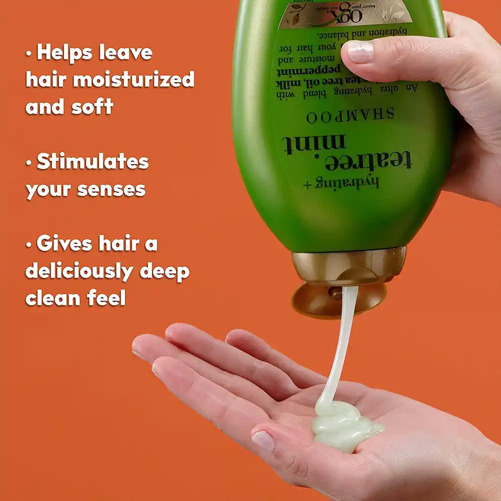 شامپو شاداب‌کننده درخت چای و نعناع او جی ایکس OGX Refreshing Scalp Teatree Mint Shampoo با روغن درخت چای، نعناع و هاماملیس برای پاکسازی عمیق و تقویت پوست سر بدون سولفات