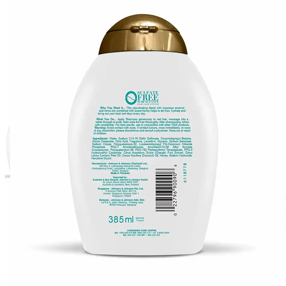 OGX Quenching + Coconut Curls, Curl Defining Shampoo – Hydrating & Nourishing Curly Hair Shampoo with Coconut Oil, Citrus Oil & Honey – Paraben Free – Sulfate Free Surfactants – 385ml
