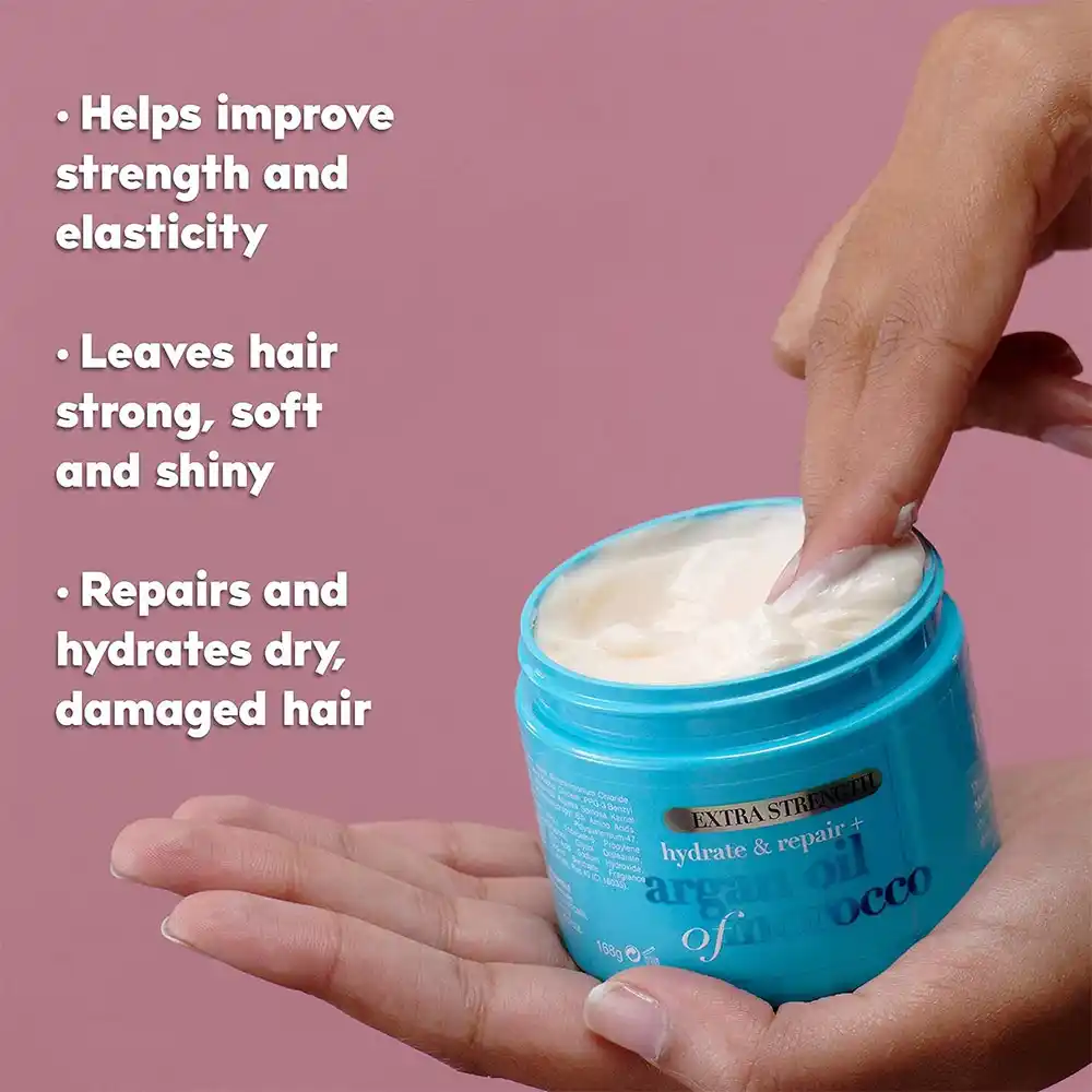 ماسک مو آرگان مراکشی او جی ایکس OGX Extra Strength Hydrate Repair Argan Oil of Morocco Hair Mask برای ترمیم و آبرسانی عمیق موهای آسیب‌دیده و خشک با پروتئین ابریشم