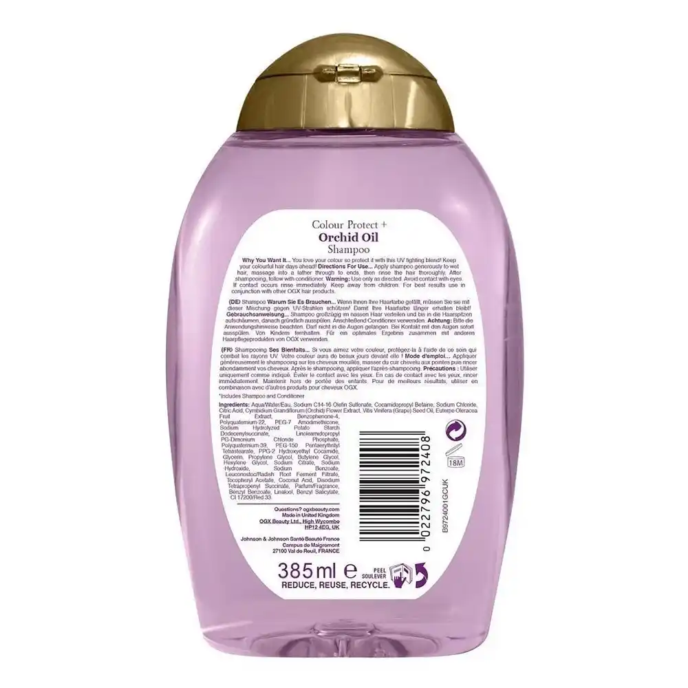شامپو مراقبت رنگ موی او جی ایکس OGX Fade Defying Orchid Oil Shampoo حاوی روغن ارکیده و فیلتر UV برای حفظ رنگ، جلوگیری از محو شدگی و آبرسانی موهای رنگ‌شده 385 میلی‌لیتر