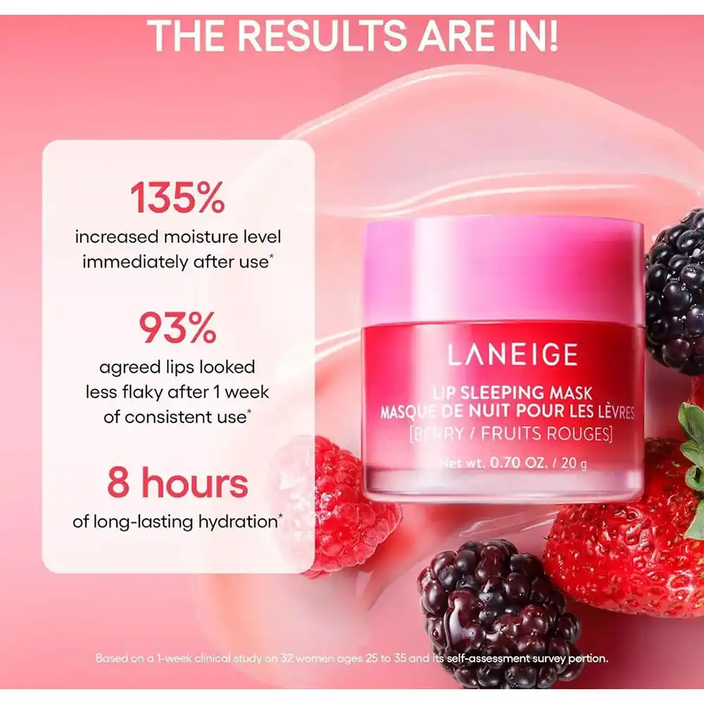 ماسک لب شب توت فرنگی لانیژ Laneige Lip Sleeping Mask EX Berry با ویتامین C، کره شی و کمپلکس توت برای آبرسانی، ترمیم و نرمی لب‌های خشک 20 گرم