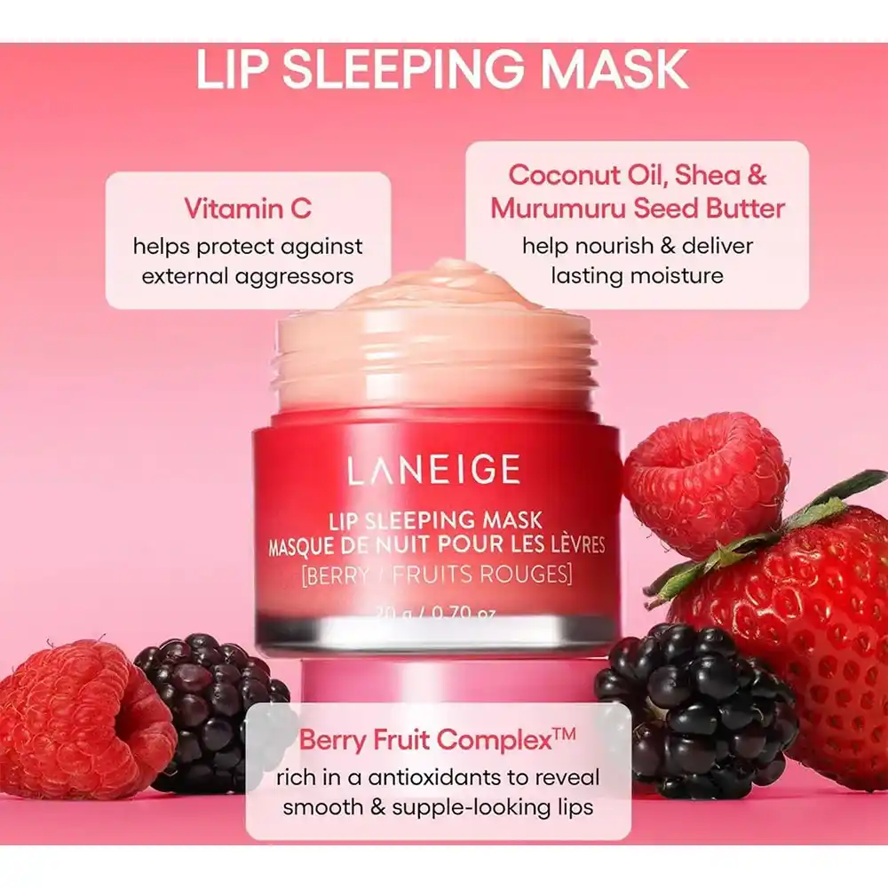 ماسک لب شب توت فرنگی لانیژ Laneige Lip Sleeping Mask EX Berry با ویتامین C، کره شی و کمپلکس توت برای آبرسانی، ترمیم و نرمی لب‌های خشک 20 گرم