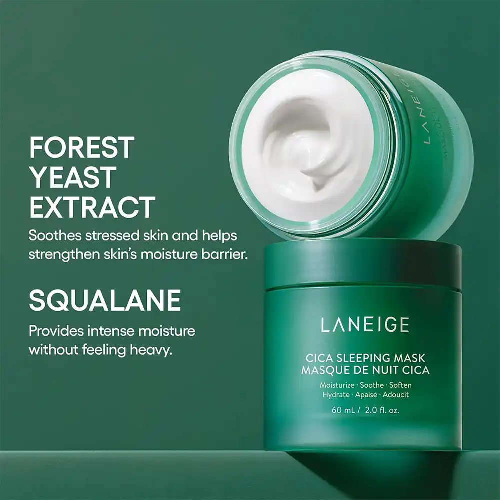 ماسک خواب سیکا لانیژ Laneige Cica Sleeping Mask با عصاره سنتلا آسیاتیکا، Forest Yeast و فرمول بدون سیلیکون برای ترمیم و تسکین پوست‌های حساس و آسیب‌دیده