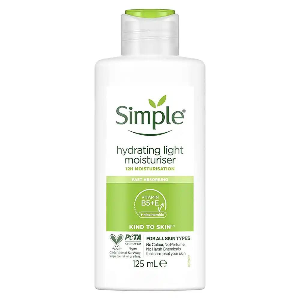 کرم مرطوب کننده و آبرسان لایت سیمپل Simple Kind To Skin Hydrating Light Moisturiser با گلیسیرین و روغن گل گاوزبان برای آبرسانی سبک پوست حساس 125 میلی‌لیتر