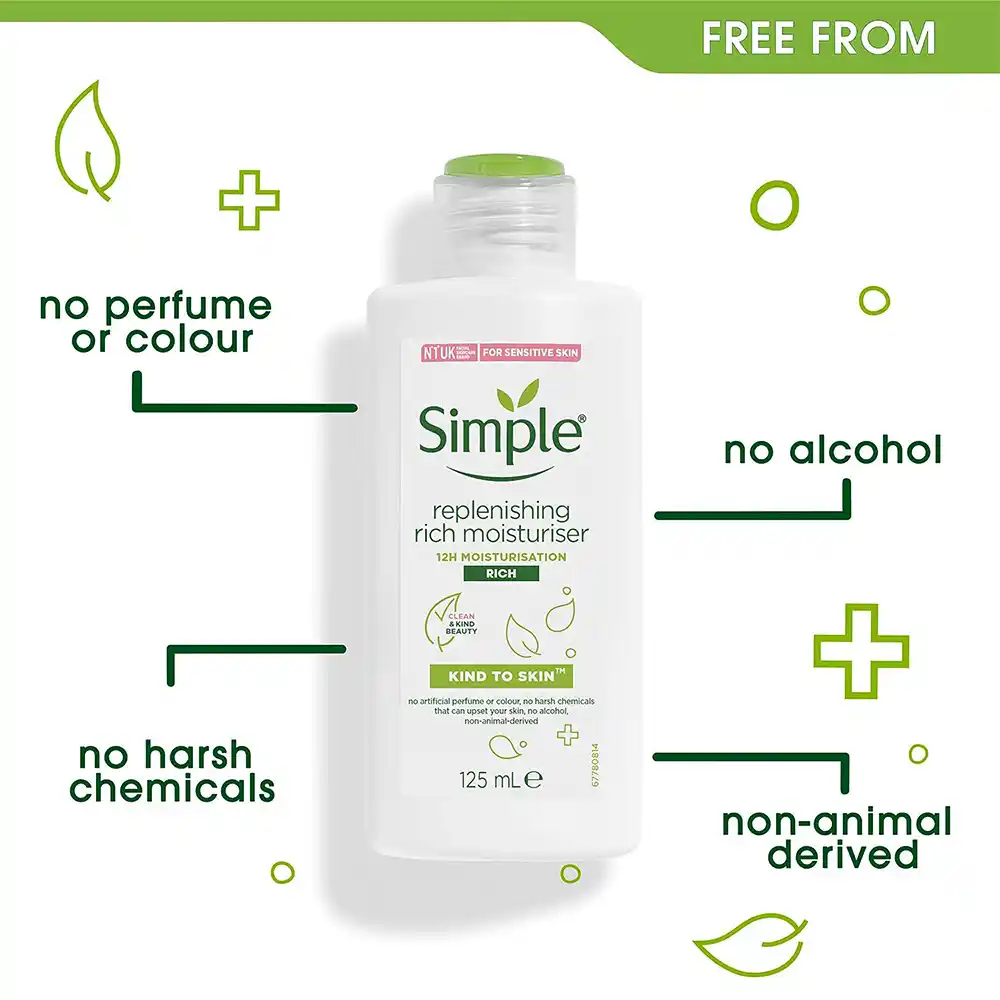 کرم آبرسان و مرطوب کننده ریچ سیمپل Simple Kind To Skin Replenishing Rich Moisturiser با نیاسینامید، ویتامین B5 و E برای آبرسانی غنی پوست حساس و خشک 125 میلی‌لیتر
