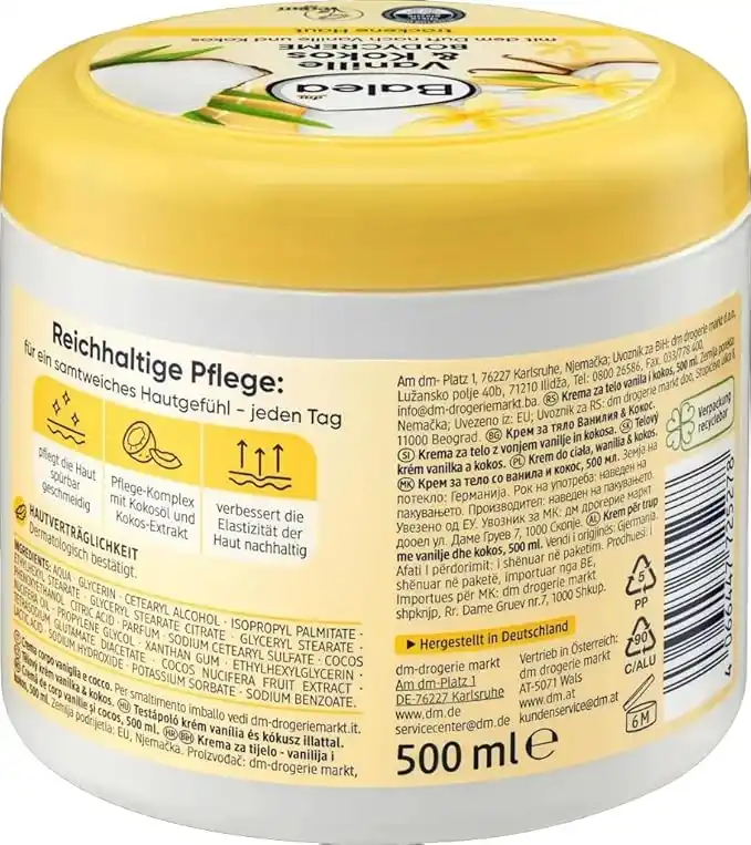 کرم بدن نارگیل و وانیل باله آ Balea Vanille & Kokos با آبرسانی ۴۸ ساعته و رایحه لوکس برای تغذیه عمیق پوست خشک، 500 میلی‌لیتر