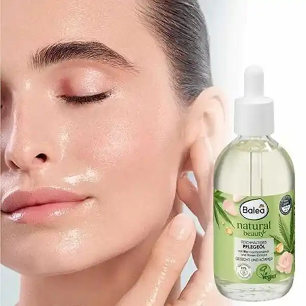روغن صورت و بدن گیاهی تقویتی باله آ Balea Natural Beauty با روغن شاهدانه ارگانیک و عصاره گل رز برای تغذیه و نرمی پوست خشک، وگان و ۹۱٪ طبیعی، 100 میلی‌لیتر
