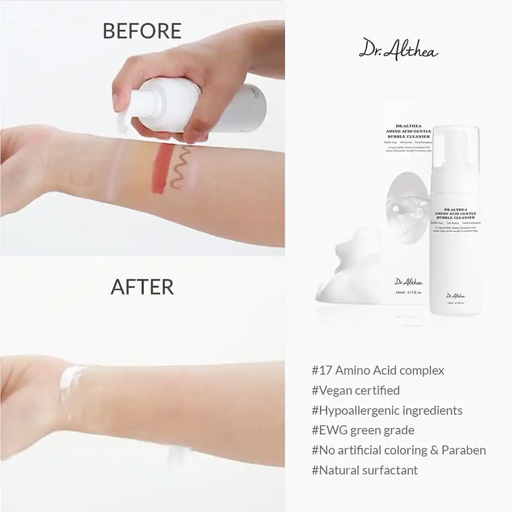 فوم شستشوی حبابی آمینو اسید دکتر آلتیا Dr. Althea Amino Acid Gentle Bubble Cleanser با ۱۷ نوع آمینو اسید و هیالورونیک اسید برای پاکسازی عمیق و ملایم پوست حساس و مستعد آکنه، وگان و کره‌ای