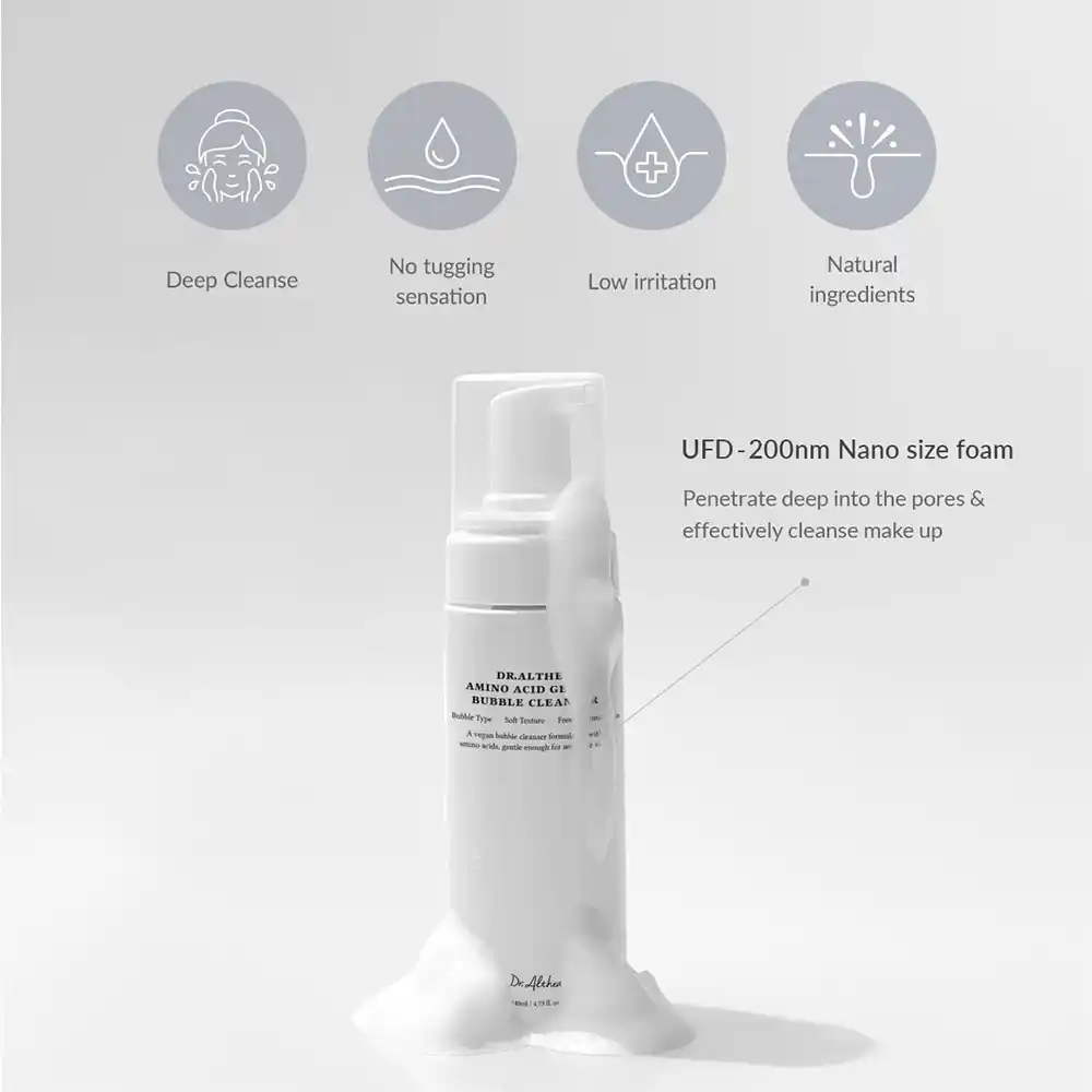 فوم شستشوی حبابی آمینو اسید دکتر آلتیا Dr. Althea Amino Acid Gentle Bubble Cleanser با ۱۷ نوع آمینو اسید و هیالورونیک اسید برای پاکسازی عمیق و ملایم پوست حساس و مستعد آکنه، وگان و کره‌ای