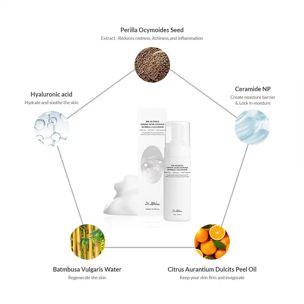 فوم شستشوی حبابی آمینو اسید دکتر آلتیا Dr. Althea Amino Acid Gentle Bubble Cleanser با ۱۷ نوع آمینو اسید و هیالورونیک اسید برای پاکسازی عمیق و ملایم پوست حساس و مستعد آکنه، وگان و کره‌ای