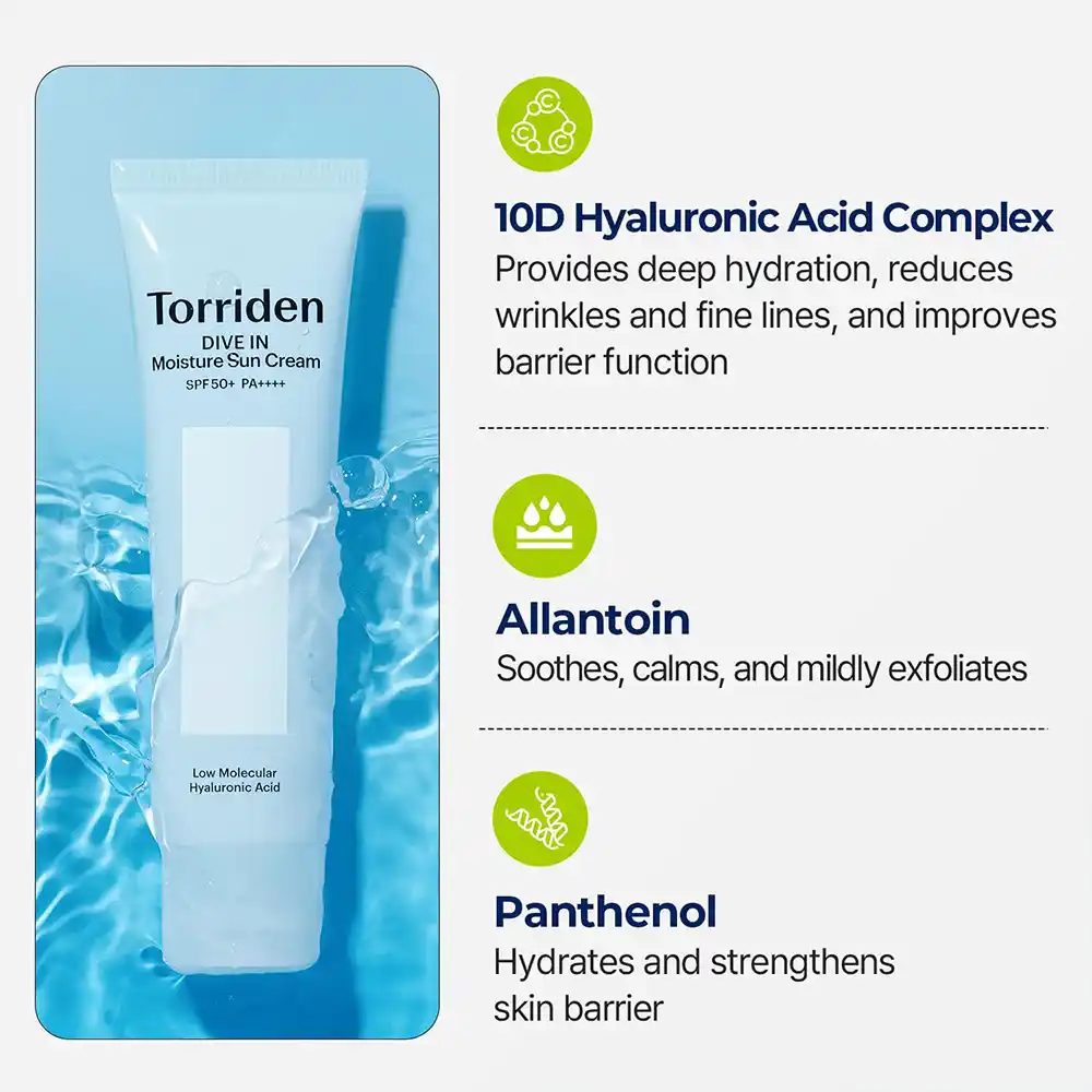 ضد آفتاب مرطوب کننده و آبرسان هیالورونیک اسید توریدن Torriden Dive In Watery Moisture Sun Cream SPF 50 60ml