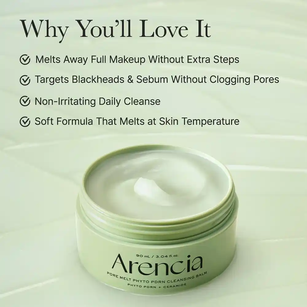 بالم پاک کننده عمقی منافذ آرنسیا ARENCIA Pore Melt Phyto PDRN Cleansing Balm؛ پاک‌کننده آرایش، ضدجوش سرسیاه، آبرسان، پاکسازی منافذ و مناسب انواع پوست.