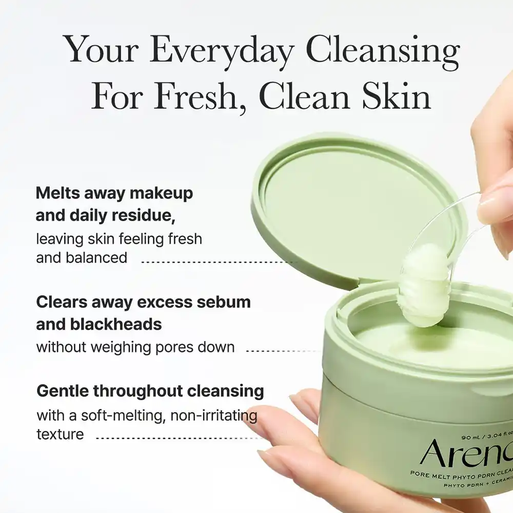 بالم پاک کننده عمقی منافذ آرنسیا ARENCIA Pore Melt Phyto PDRN Cleansing Balm؛ پاک‌کننده آرایش، ضدجوش سرسیاه، آبرسان، پاکسازی منافذ و مناسب انواع پوست.