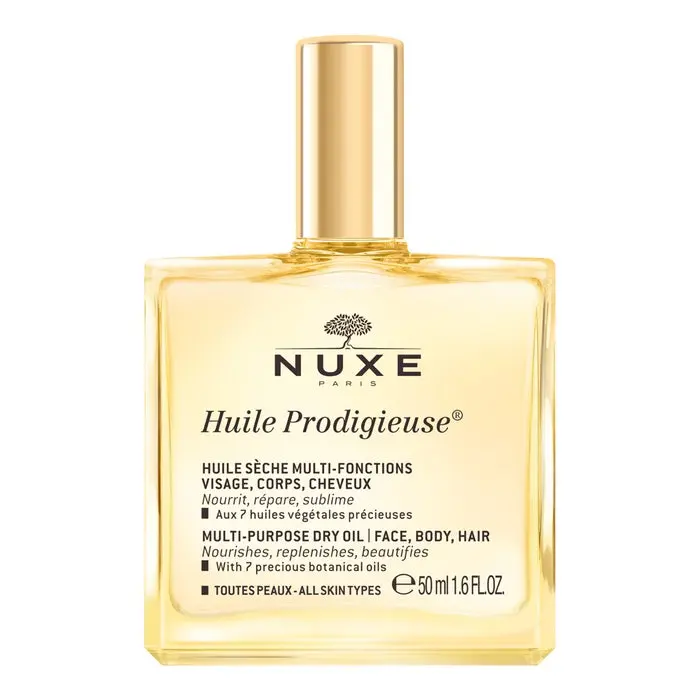 روغن چندمنظوره نوکس پردی ژیوز (Huile Prodigieuse) برای صورت، بدن و مو در بسته‌بندی شیشه‌ای نمادین.