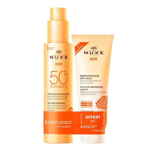 پک دو قلو اسپری ضد آفتاب صورت و بدن SPF50 و شامپو سر و بدن افترسان نوکس اصل
