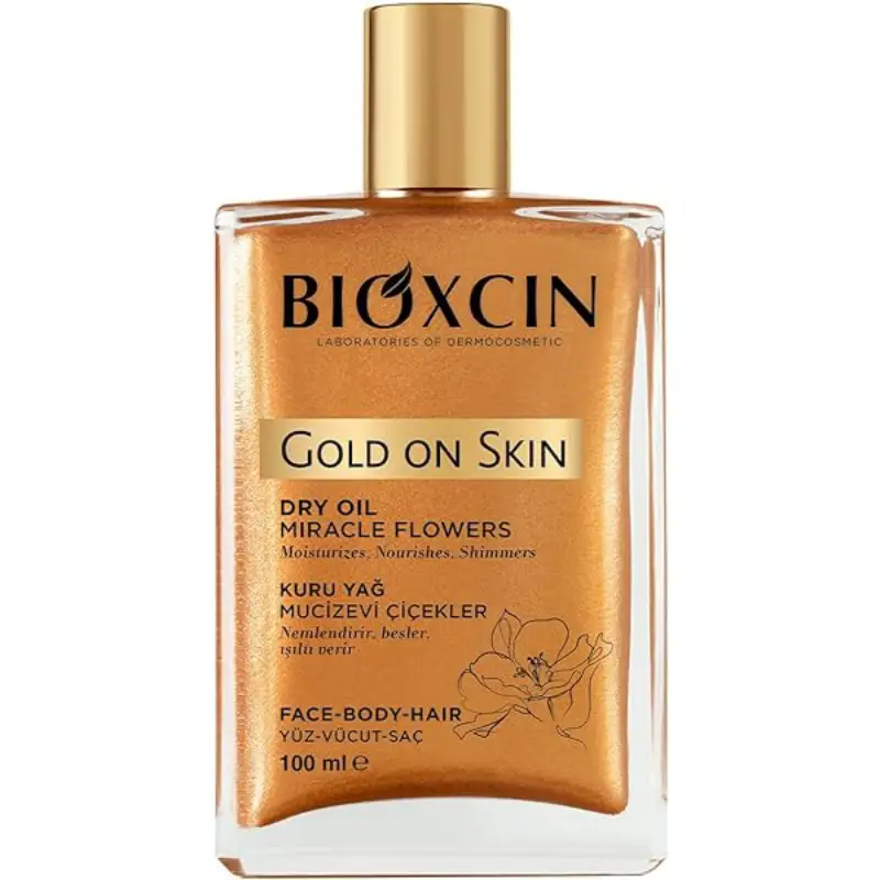 روغن مرطوب کننده و شاین صورت، بدن و مو بیوکسین Bioxcin مدل Gold On Skin اورجینال حجم 100 میل