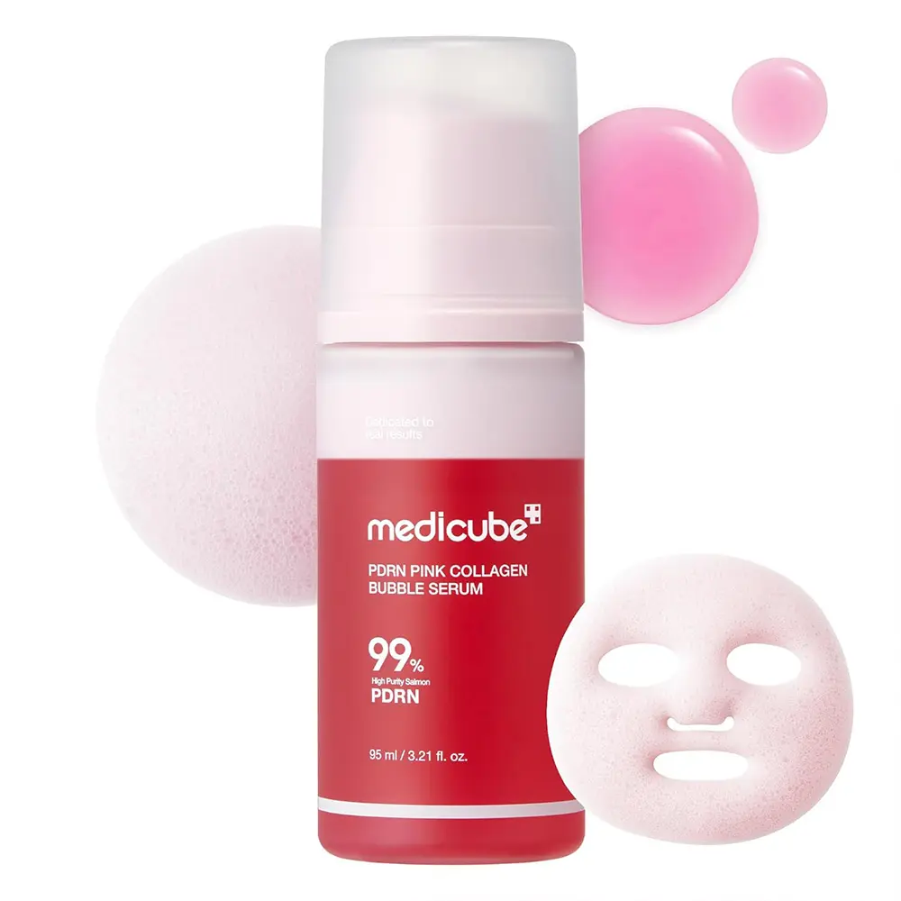 سرم حبابی PDRN صورتی و کلاژن مدی کیوب اصل مدل PDRN Pink Collagen Bubble Serum ترمیم کننده، آبرسان، جوانساز و درخشان کننده پوست