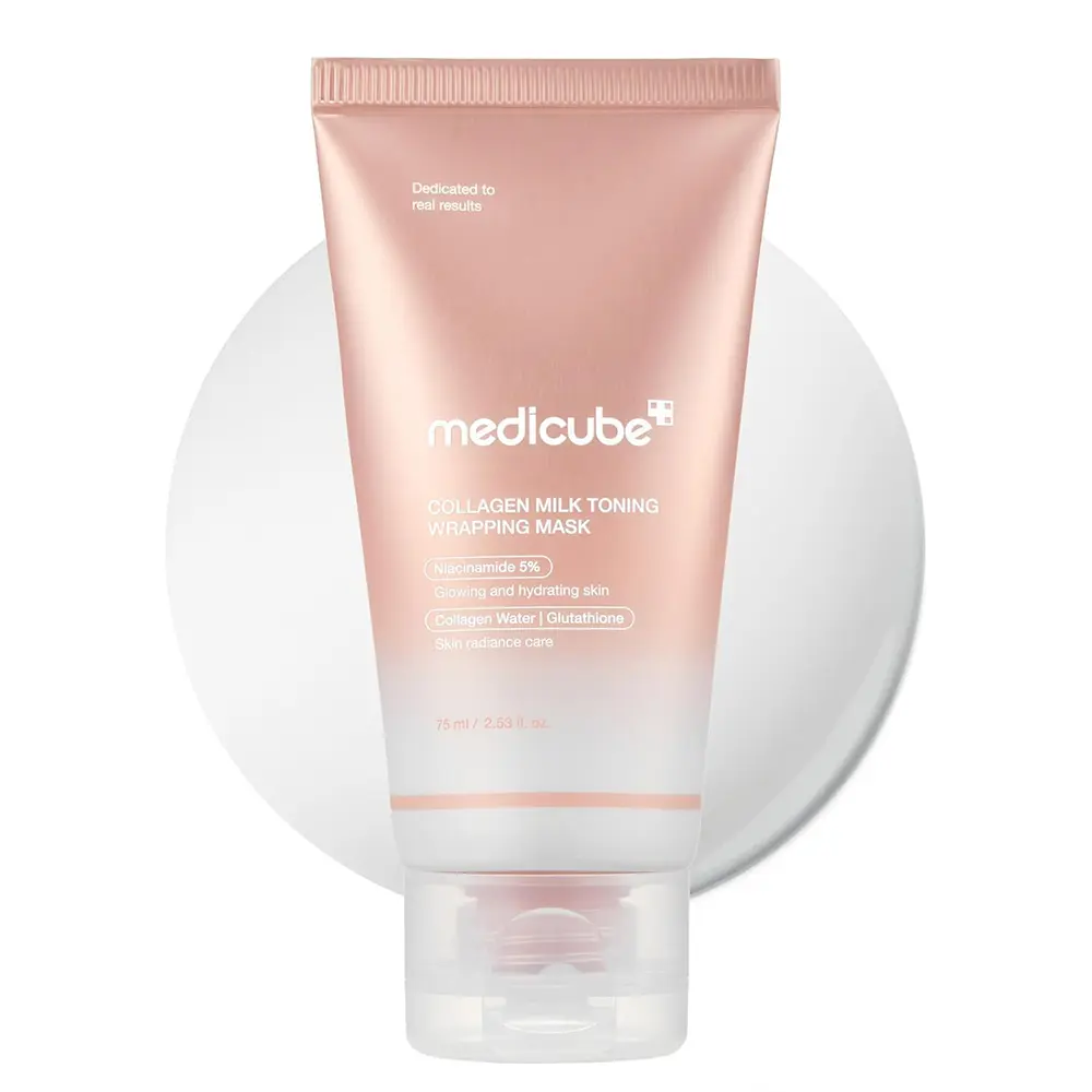 ماسک میلکی کلاژن و نیاسینامید مدی کیوب اصل مدل Collagen Milk Toning Wrapping Mask روشن کننده، درخشان کننده، آبرسان و کمک کننده به سفتی پوست
