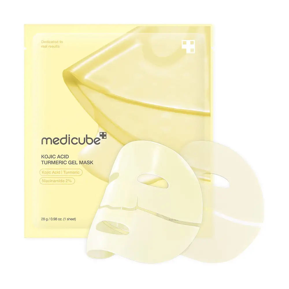 ماسک ورقه‌ای ژلی روشن کننده کوجیک اسید و زردچوبه مدی کیوب اصل مدل Medicube Kojic Acid Turmeric Brightening Gel Mask مناسب آبرسانی، شفافیت، سفتی و گلس اسکین