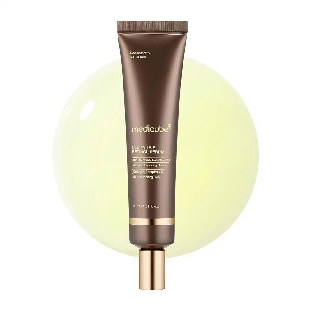 سرم ضد چروک رتینول و باکوچیول مدی کیوب اصل مدل Medicube Deep Reviving Bakuchiol Retinol Facial Serum مناسب کاهش خطوط، بهبود بافت، روشن شدن پوست و ضد لک