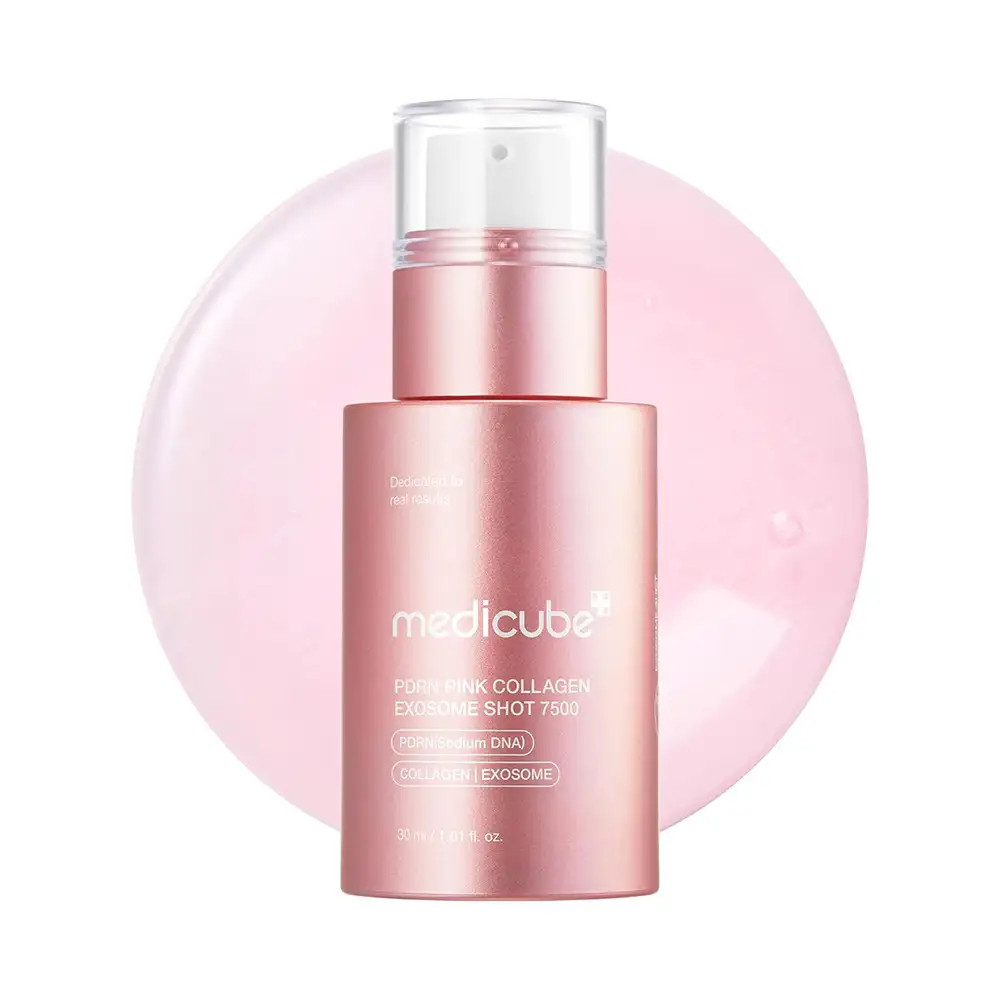 سرم اگزوزوم کلاژن و PDRN مدی کیوب اصل مدل Medicube PDRN Pink Collagen Exosome Shot Serum 7500 مناسب گلس اسکین، بهبود بافت پوست، مراقبت منافذ، آبرسانی و افزایش درخشندگی