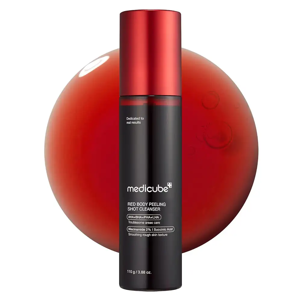 اسپری لایه بردار و ضد جوش بدن مدی کیوب اصل مدل Medicube Red Acne Body Peeling Shot مناسب کاهش جوش بدن، زبری پوست، استرابری اسکین، پاکسازی منافذ و صاف شدن پوست بدن