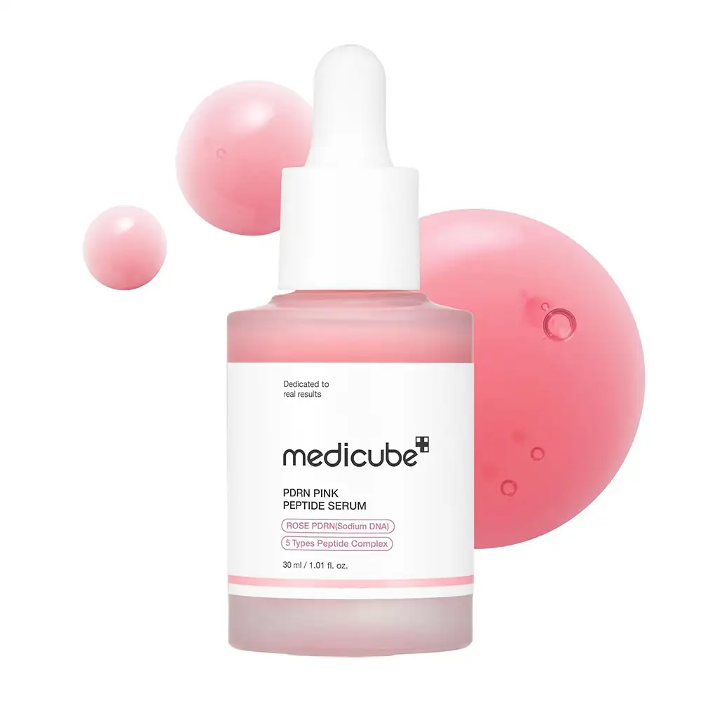 سرم صورتی روشن‌کننده پپتاید و PDRN مدی کیوب اصل مدل Medicube PDRN Pink Peptide Serum مناسب شفافیت، آبرسانی، تقویت سد دفاعی، بهبود تناژ ناهموار و افزایش استحکام پوست